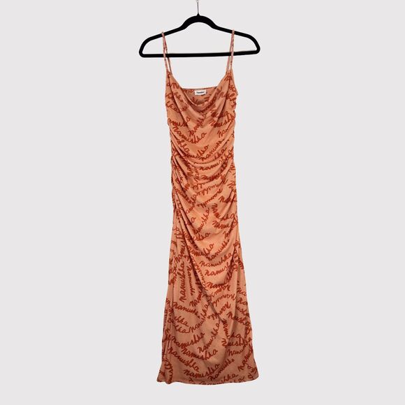 Nanushka Womens Dress Orange Alexa Scribble Logo Midi Bodycon Ruched Cami Small - Picture 2 of 12
